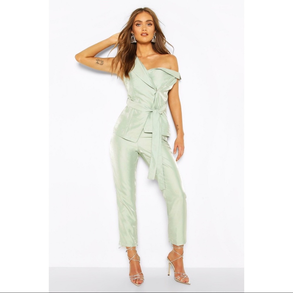🌿 BOOHOO OCCASION MINT GREEEN SHIMMER PANTS + ASYMMETRICAL TOP 2-PIECE!